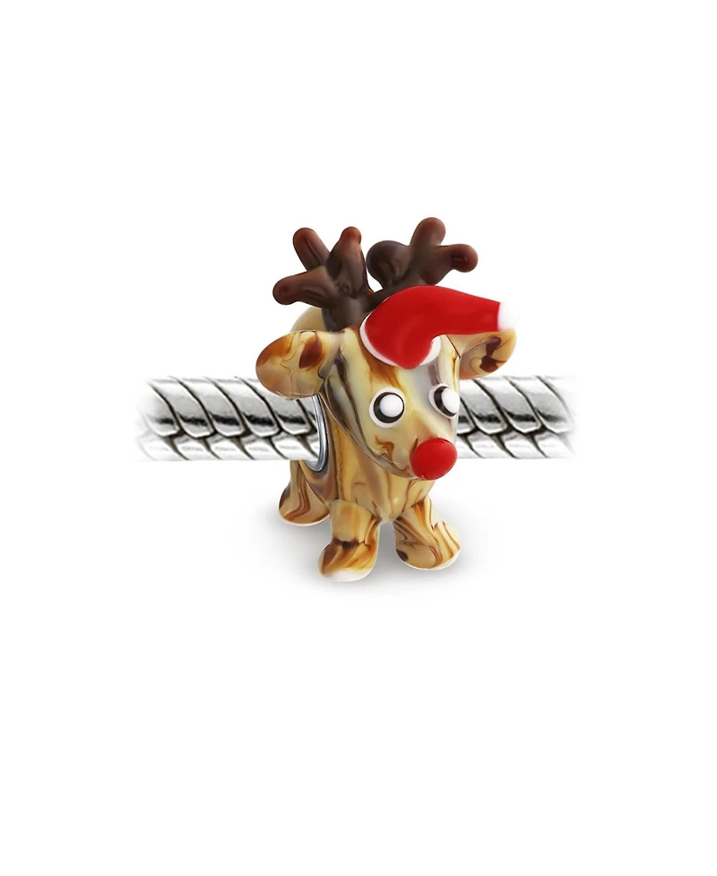 Bling Jewelry Caribou Elk Cartoon Christmas Holiday Red Nose Rudolph Reindeer Bead Charm Lamp work Murano Glass .925 Sterling Silver Fit European Brac