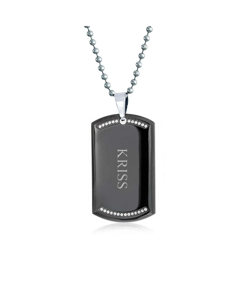 Bling Jewelry Cz Edge Black Dog Tag Pendant Necklace Stainless Steel with Bead Ball Chain 24 In