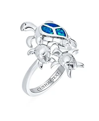 Bling Jewelry Nautical Tropical Beach Vacation Sea Mom Mother Children Tortoise Family Blue Created Opal Inlay Turtle Ring .925 Sterling Silver