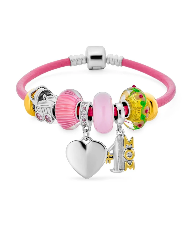 Bling Jewelry #1 Mom Family Heart Theme Beads Multi Charm Bracelet .925 Sterling Silver Pink Leather European Barrel Snap Clasp Bracelets 6.5 7 7.5 8
