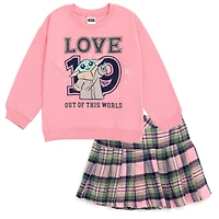 Star Wars Little Girls The Mandalorian Grogu Fleece Oversized Drop Shoulder Sweatshirt and Pleated Skirt