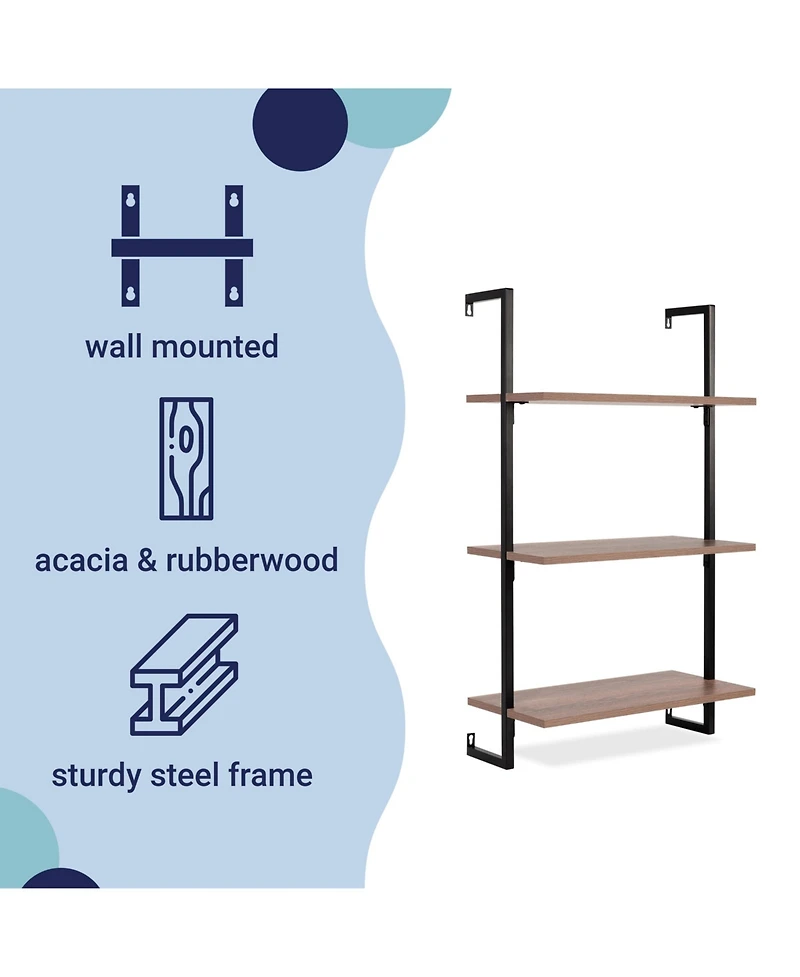 Madera Industrial 3-Shelf Wood Wall-Mounted Open Ladder Bookcase, Metal Frame