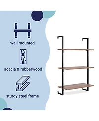 Madera Industrial 3-Shelf Wood Wall-Mounted Open Ladder Bookcase, Metal Frame