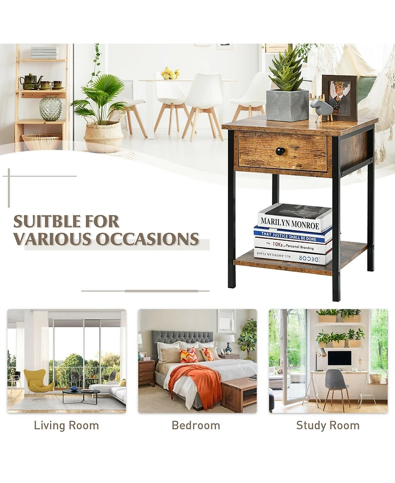 Gymax 2PCS Industrial End Side Table Nightstand with Drawer Shelf Rustic Brown