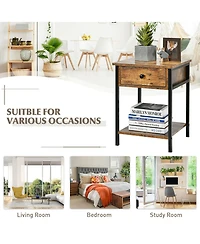 Gymax 2PCS Industrial End Side Table Nightstand with Drawer Shelf Rustic Brown