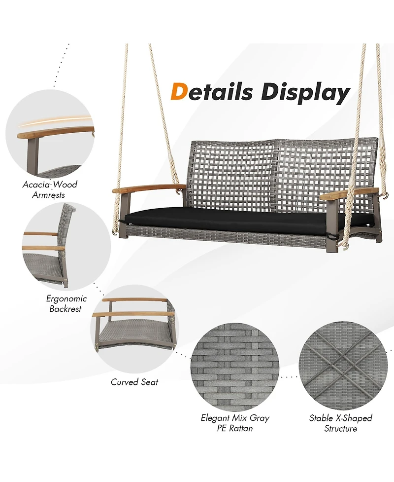 2-Person Patio Wicker Hanging Swing Chair Loveseat Cushion Porch Red
