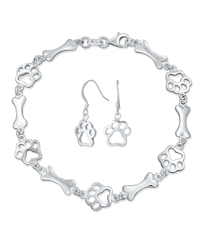 Bling Jewelry Dog Bone & Paw Print Layering Chain Link Bracelet & Earrings Set Sterling Silver