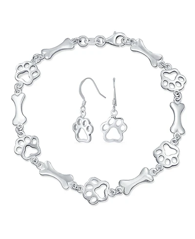 Bling Jewelry Dog Bone & Paw Print Layering Chain Link Bracelet & Earrings Set Sterling Silver
