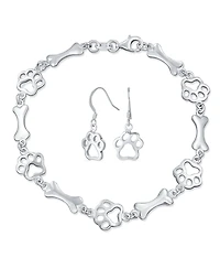 Bling Jewelry Dog Bone & Paw Print Layering Chain Link Bracelet & Earrings Set Sterling Silver
