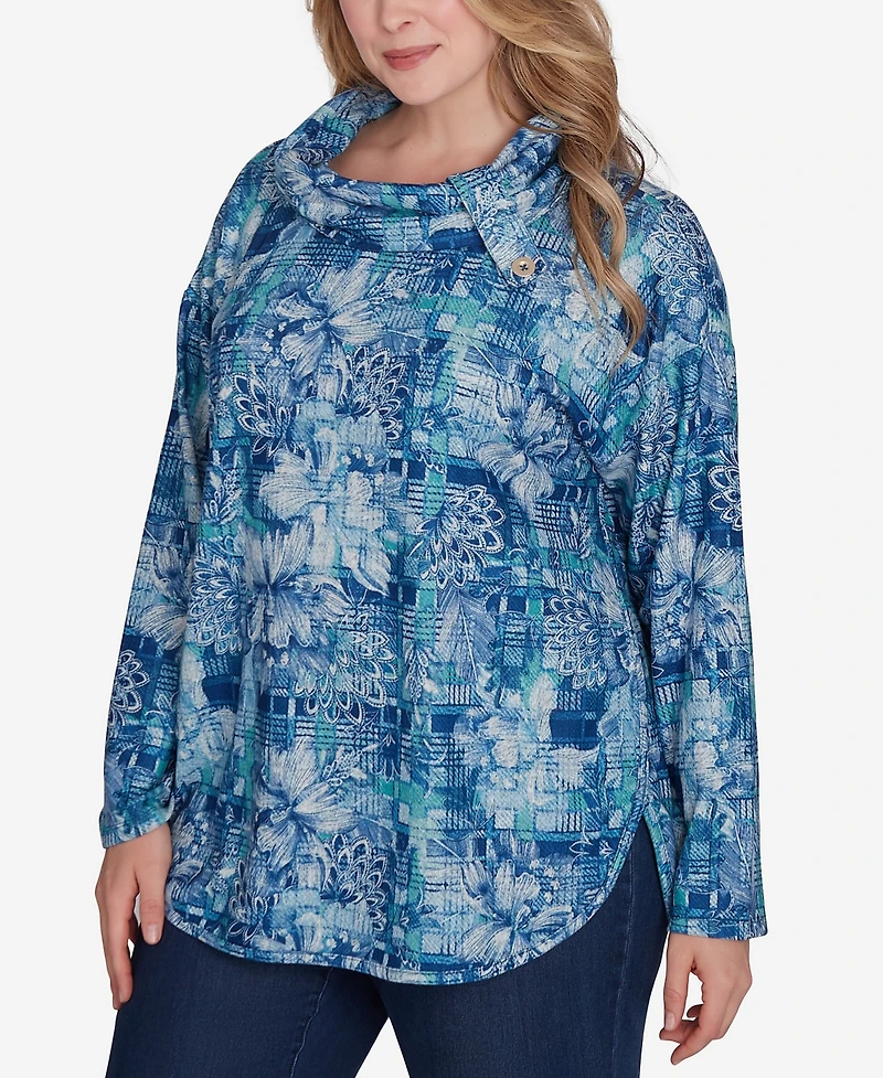 Ruby Rd. Plus Size Cowl Neck Floral Plaid Printed Hatchi Knit Top