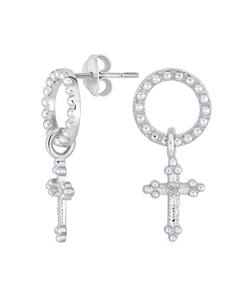 Bling Jewelry Classic Christian Religious Spiritual Eternal Circle & Fleur De Lis Dangle Cross Earrings .925 Sterling Silver
