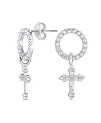 Bling Jewelry Classic Christian Religious Spiritual Eternal Circle & Fleur De Lis Dangle Cross Earrings .925 Sterling Silver