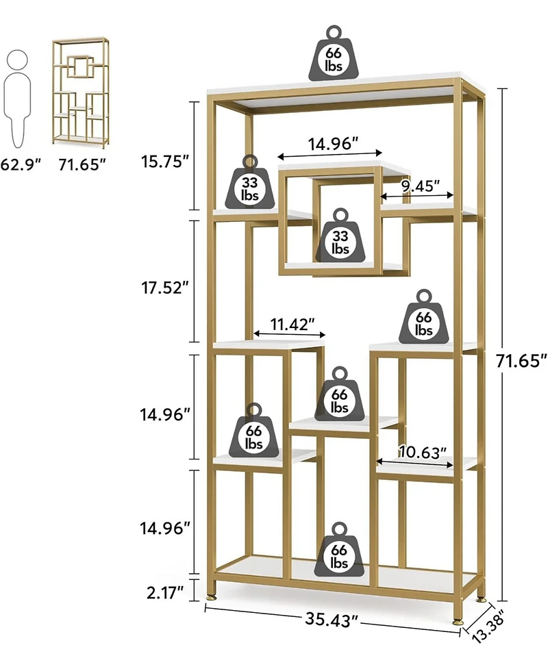 Tribesigns 71" Gold Bookshelves Set of 2, 11-Tier Large Tall Open Display Bookshelf, Geometric Cubed Etagere Bookcase, Modern Book Shelf, Gold &