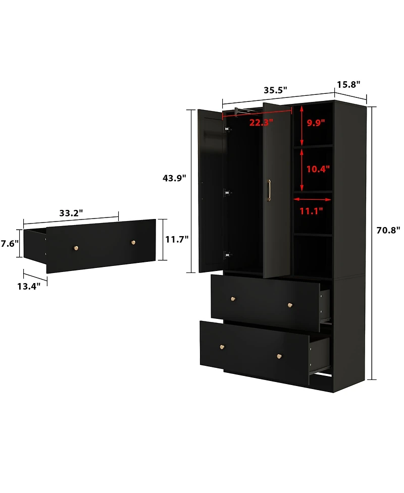 Famapy White Wood Armoires Wardrobe With Mirror, Pulling Hanging Rod, Drawers