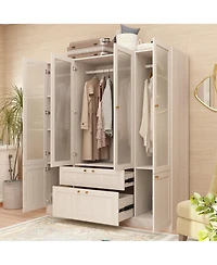 Famapy Glass Doors Armoires with Hanging Rods, Drawers and Shelves