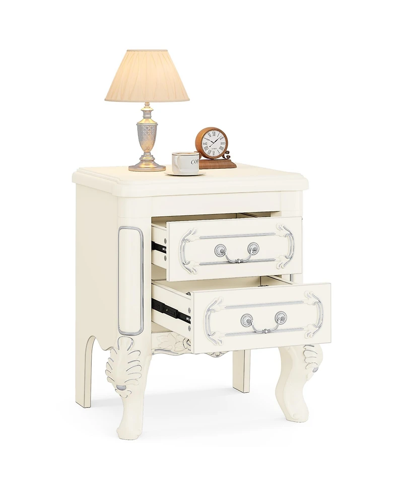 Tribesigns White Nightstand Set of 2, End Table with 2 Drawers, Carved Bedside Tables, Side Table for Bedroom, Living Room, Classic Bedroom Furniture