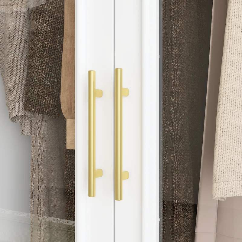 White 2-door 3-drawer wardrobe with tempered glass, bedroom Armoire, wooden Closet