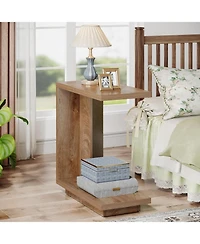 Tribesigns C-Shaped Side Table, 2-Tier Narrow End Table with Sturdy Pedestal, Wood Bedside Table Nightstand, Industrial Sofa End Table, Brown, 2PCS