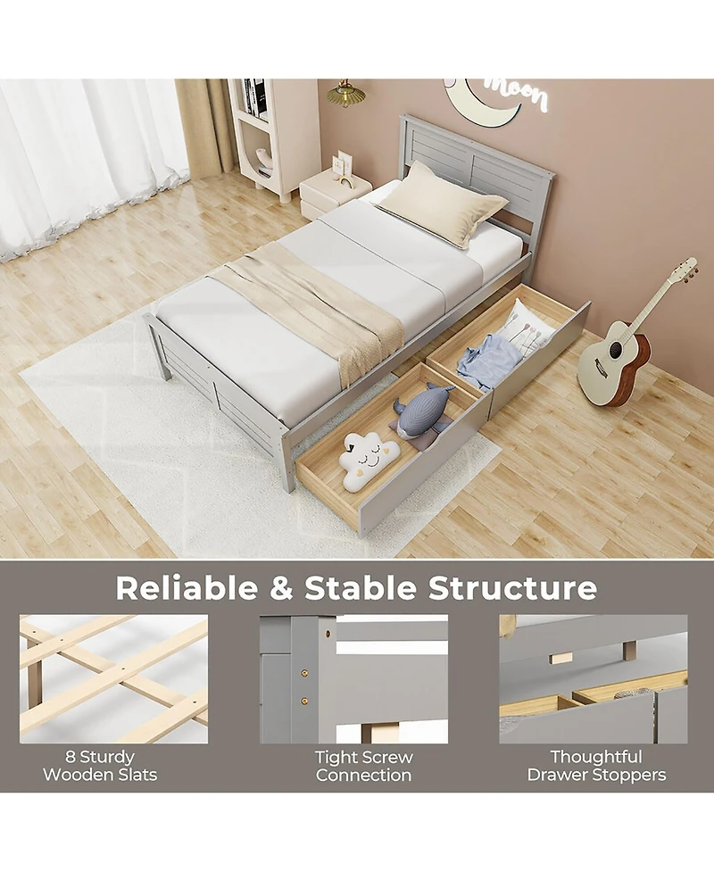Gymax Full Size Wooden Bed Frame w/ 2 Storage Drawers & Under-bed Storage Gray