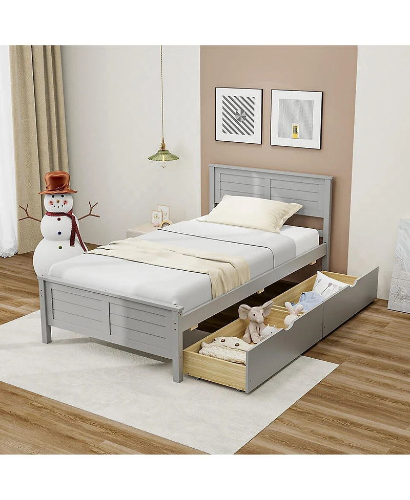 Gymax Full Size Wooden Bed Frame w/ 2 Storage Drawers & Under-bed Storage Gray