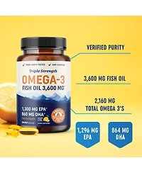 Triple Strength Omega 3 Fish Oil Softgels, Essential Fatty Acids for Healthy Heart Support, Premium Burpless Softgel Supplements, Mav Nutrition, 180ct