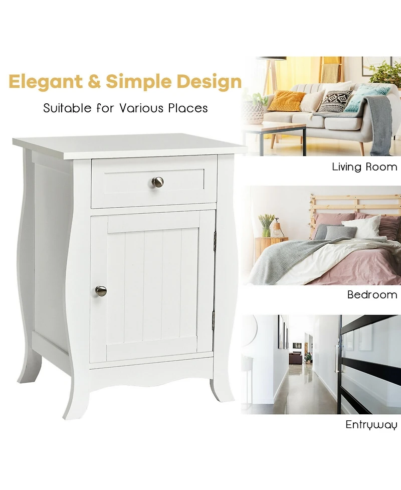 Gymax Accent End Table with Drawer Storage Cabinet Wooden Nightstand White