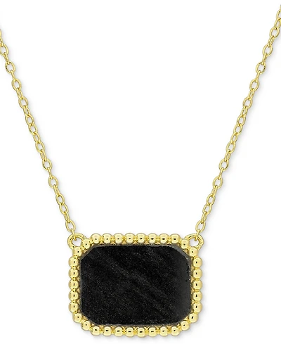 Black Agate Bead-Framed Rectangular 17" Pendant Necklace Sterling Silver (Also Hematite, Lapis, or Tiger Eye)