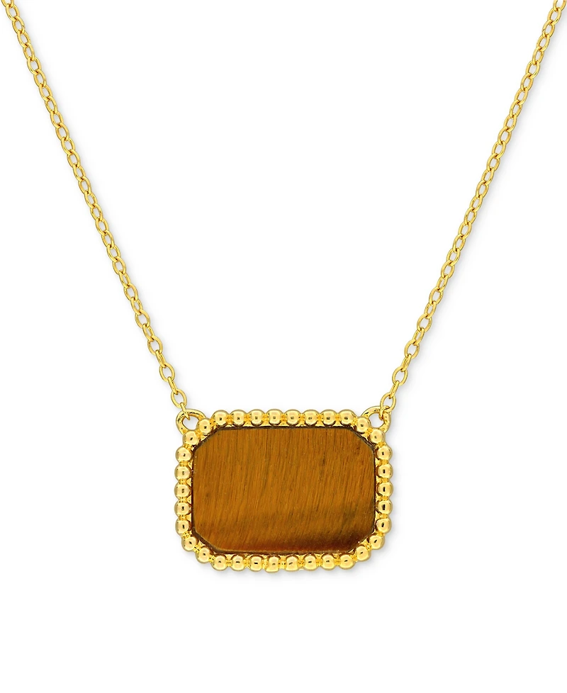 Black Agate Bead-Framed Rectangular 17" Pendant Necklace Sterling Silver (Also Hematite, Lapis, or Tiger Eye)