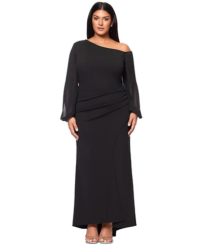 Betsy & Adam Plus Size Asymmetric Long-Sleeve Gown