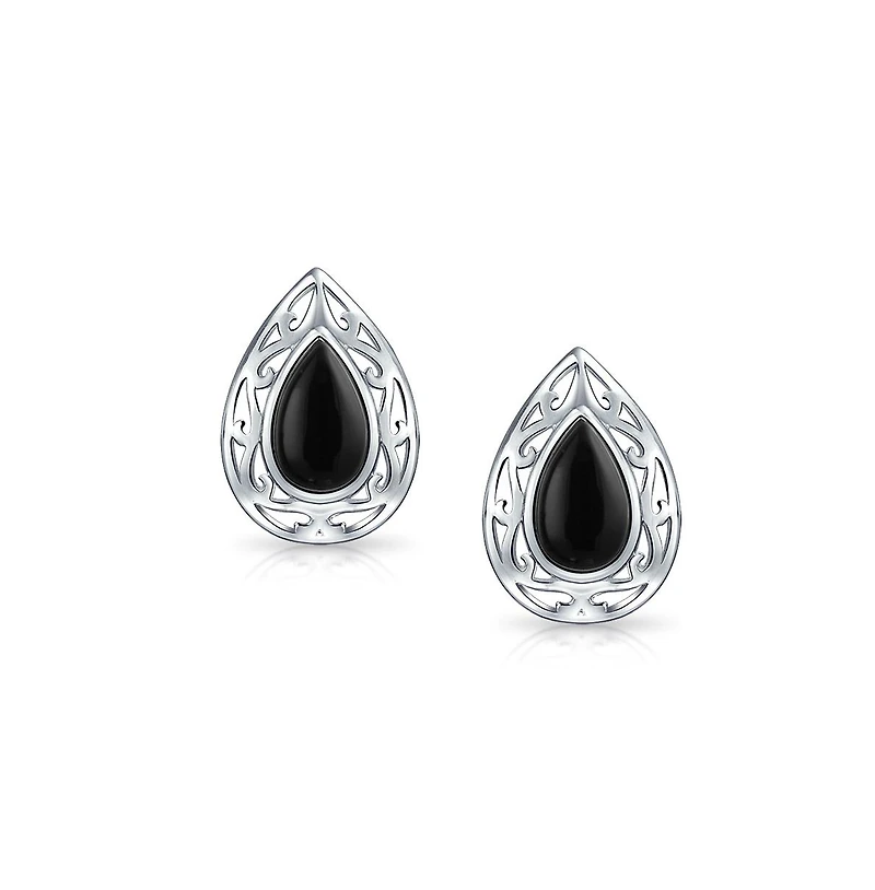 Bling Jewelry Bali Style Dyed Black Onyx Pear Shape Filigree Setting Teardrop Stud Earrings .925 Sterling Silver 15MM