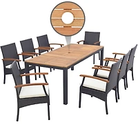 Costway 9 Pcs Patio Rattan Dining Set with Acacia Wood Table, Cushions, 1.9" Umbrella Hole
