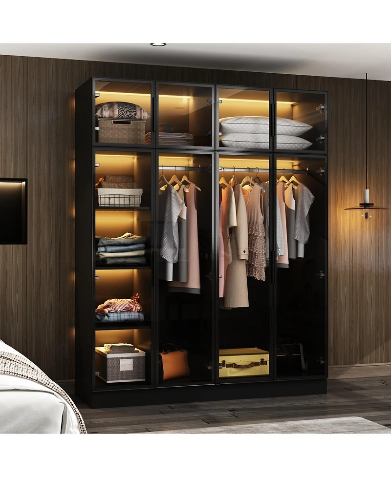 Famapy Glass Doors Wardrobe Armoires Aluminum Frame with Led Lights