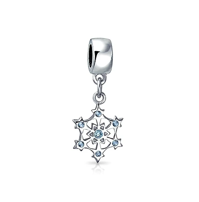 Bling Jewelry Frozen Winter Holiday Party Aqua Ice Blue Cz Christmas Snowflake Charm Bead .925 Sterling Silver For European Bracelet