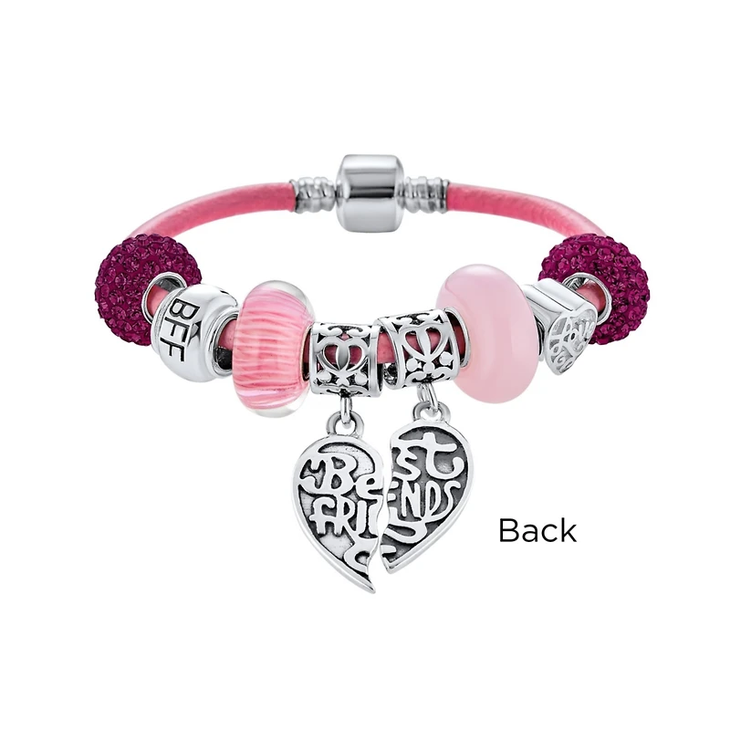 Bling Jewelry 2 Piece Bead Best Friend Sorority Sister Bff Split Heart Theme Multi Charm Bracelet Pink Leather For Women .925 Sterling Silver European