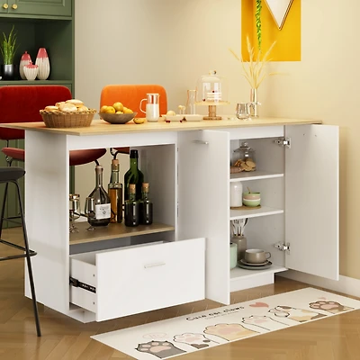Kitchen island with 2 doors, 1 drawer, island storage table with dining table, coffee station and microwave rack for home and dining room, white