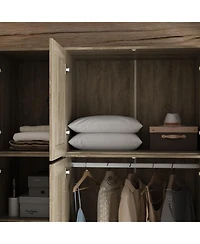 Famapy Brown Rattan Doors Wardrobe with 3-Drawers,Hanging Rod,Top Cabinet