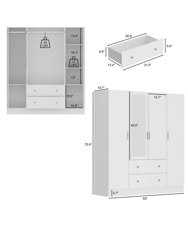 Famapy White 4-Door Armoires with Mirror, 2 Hanging Rods, 2-Drawers