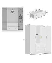Famapy White 4-Door Armoires with Mirror, 2 Hanging Rods, 2-Drawers