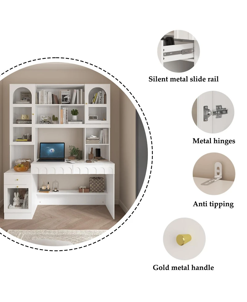 Famapy 79.1 in. Tall White Wood 13-Shelf Standard Bookcase with Writing Desk Table, Glass Door Cabinet, -Drawers, French Style