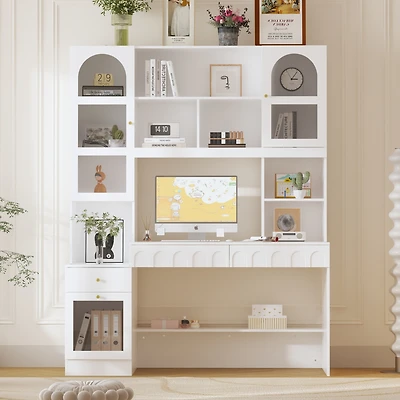 Famapy 79.1 in. Tall White Wood 13-Shelf Standard Bookcase with Writing Desk Table, Glass Door Cabinet, -Drawers, French Style