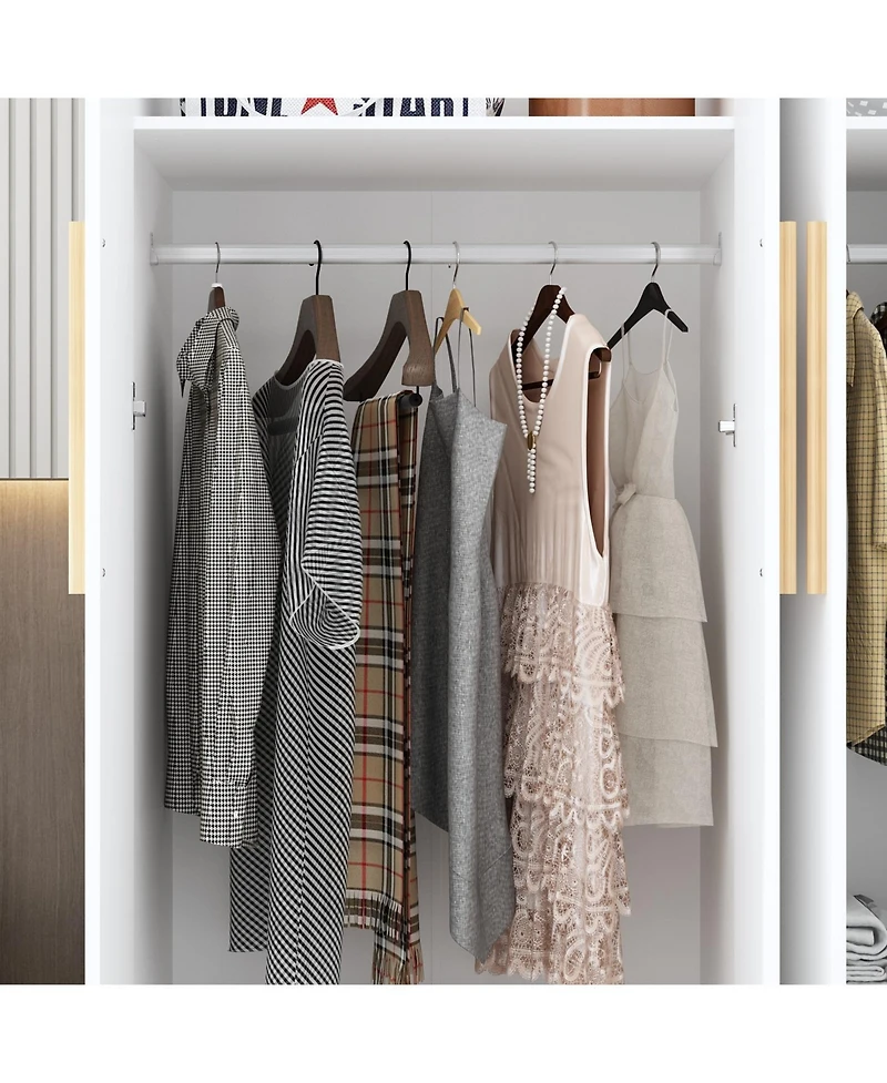 Famapy Grey Wood 4-Door Wardrobe Armoires with Hanging Rod and Storage Shelves