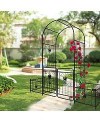 Slickblue Metal Garden Arch with Gate – 79.5'' Wide x 86.6'' High, Black Climbing Plants Support, Rose Arch for Outdoor Use