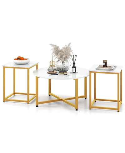 Gymax Round Nesting Table Set of 3 Modern/Farmhouse Coffee w/2 End Tables Walnut & Black