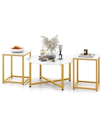 Gymax Round Nesting Table Set of 3 Modern/Farmhouse Coffee w/2 End Tables Walnut & Black