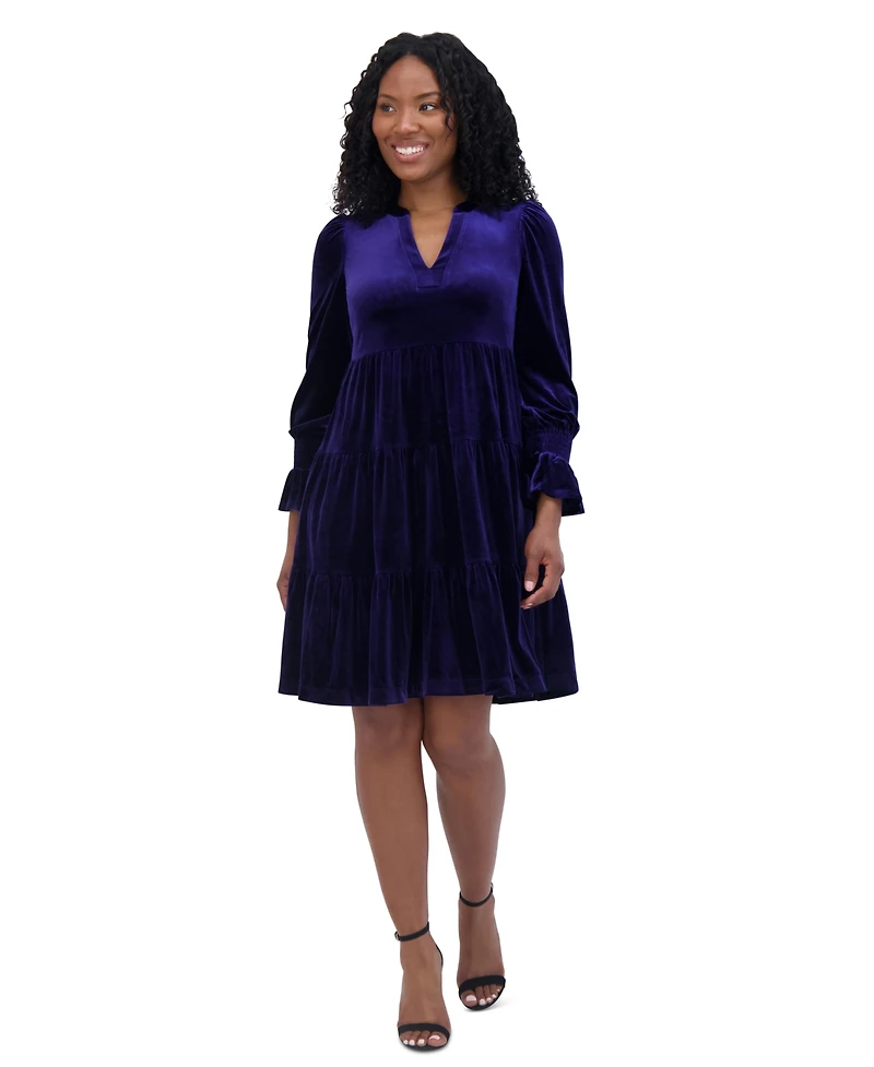 Jessica Howard Women's Velvet Smocked-Sleeve Flounce-Hem Dress