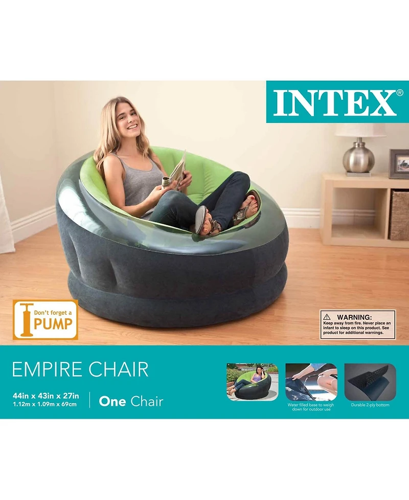 Intex Empire Inflatable Blow Up Lounge Dorm Camping Chair for Adults, Lime Green