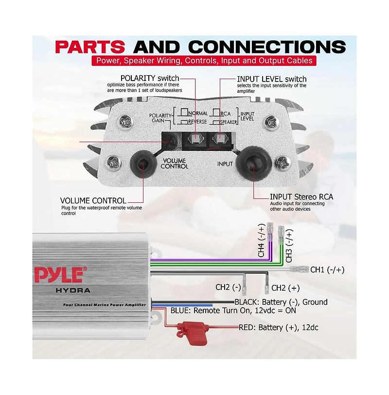 Pyle 4-Ch. Waterproof Marine Amplifier, 1200 Watt, MP3/iPod Compatible