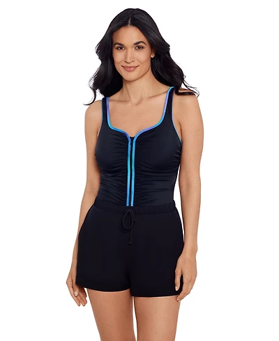 ShapeSolver Sport by Penbrooke Women's Shape Solver Sporty Shirred Zipper Jogger One Piece Swimsuit