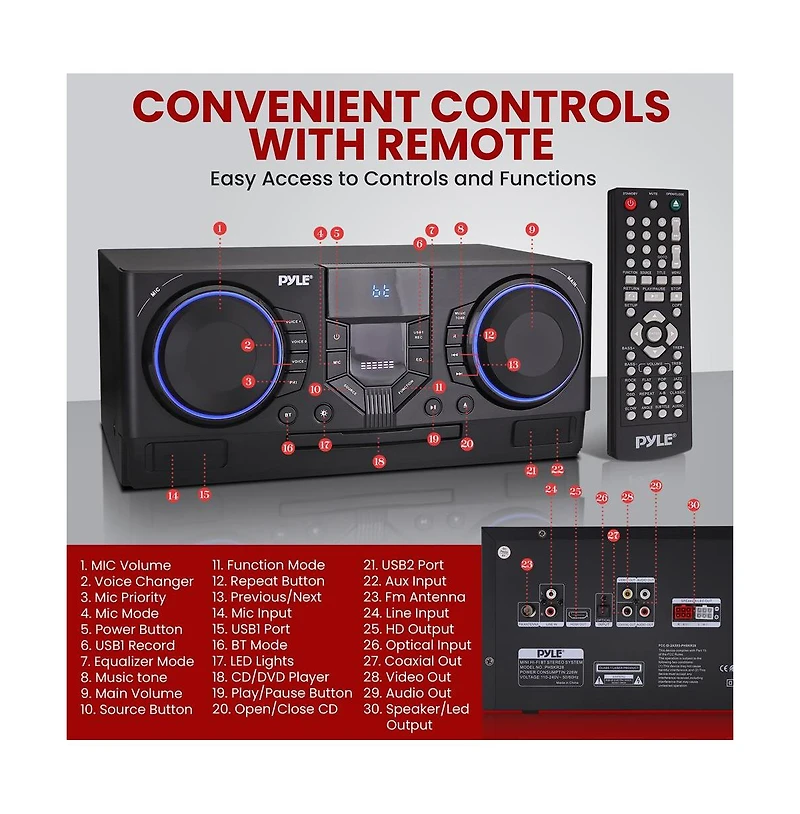 Pyle 4-Piece Mini Hi-Fi Bluetooth Stereo System With MP3, Usb, Fm Radio, Bass Reflex Speaker, Dsp-Tech & Remote Control, 210 Watt