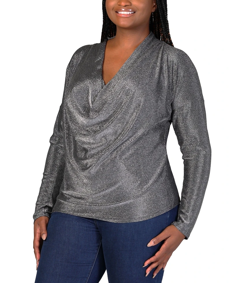 24seven Comfort Apparel Plus Size Cowl Neck Long Sleeve Shimmery Top